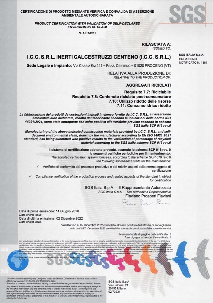 Certificato SGS per aggregati riciclati, I.C.C. S.R.L.